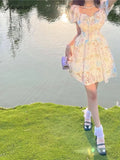 Tavimart Elegant Fashion Square Collar Mini Sexy Dress Women Multicolor Floral Female Boho Short