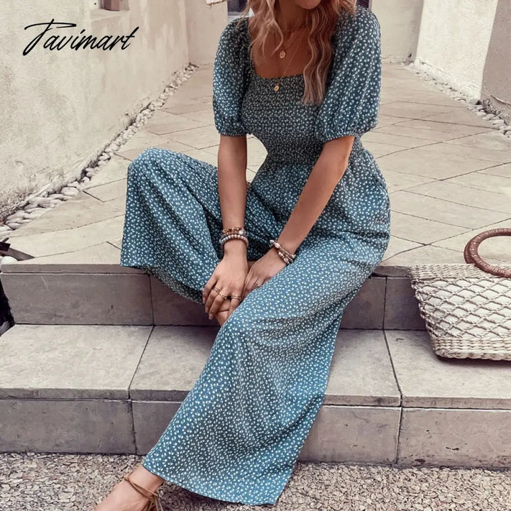 Tavimart Elegant Floral Print Jumpsuit For Summer Women Rompers New Square Neck Elastic Short Puff