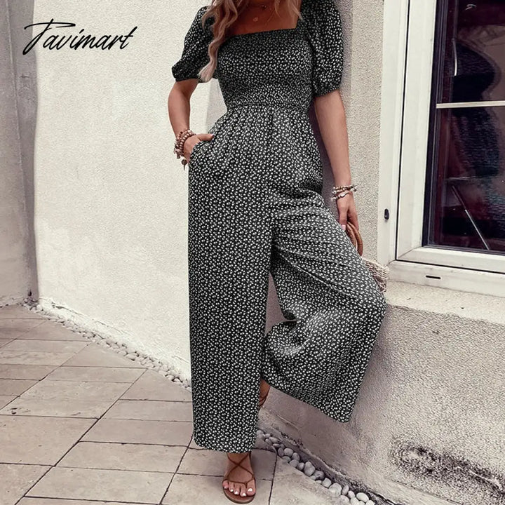 Tavimart Elegant Floral Print Jumpsuit For Summer Women Rompers New Square Neck Elastic Short Puff