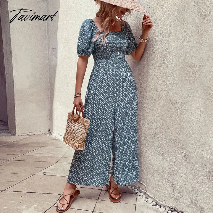 Tavimart Elegant Floral Print Jumpsuit For Summer Women Rompers New Square Neck Elastic Short Puff