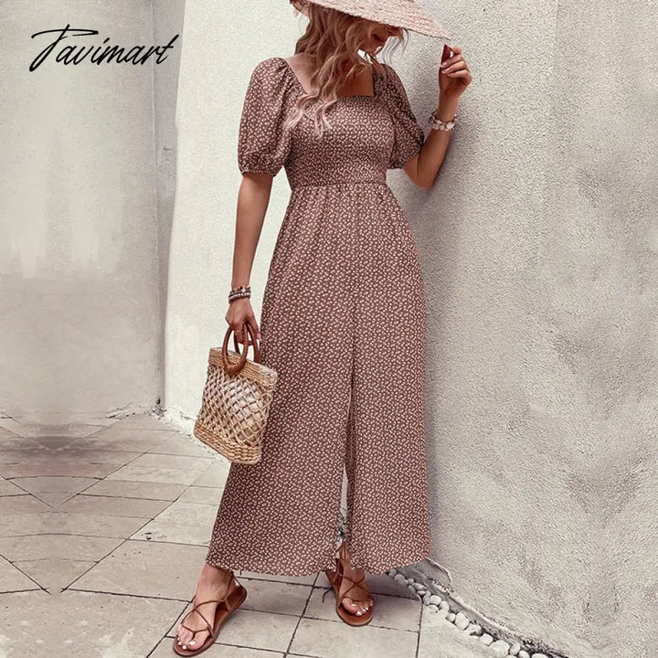 Tavimart Elegant Floral Print Jumpsuit For Summer Women Rompers New Square Neck Elastic Short Puff