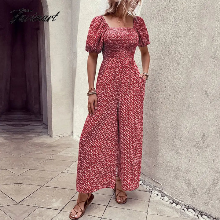 Tavimart Elegant Floral Print Jumpsuit For Summer Women Rompers New Square Neck Elastic Short Puff