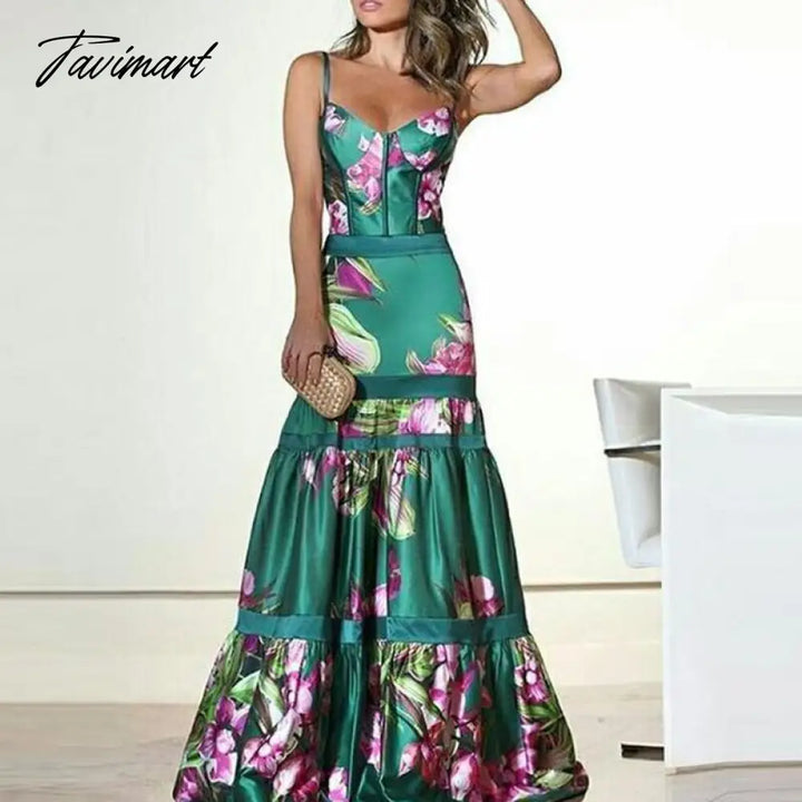 Tavimart Elegant Floral Printed Summer Women Sling Party Dress Vintage Sleeveless Patchwork A -