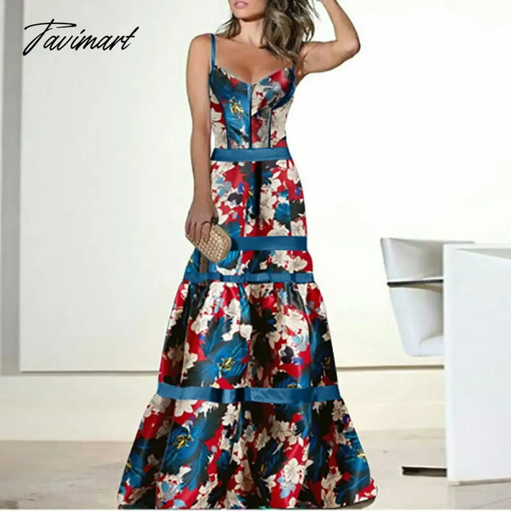 Tavimart Elegant Floral Printed Summer Women Sling Party Dress Vintage Sleeveless Patchwork A -