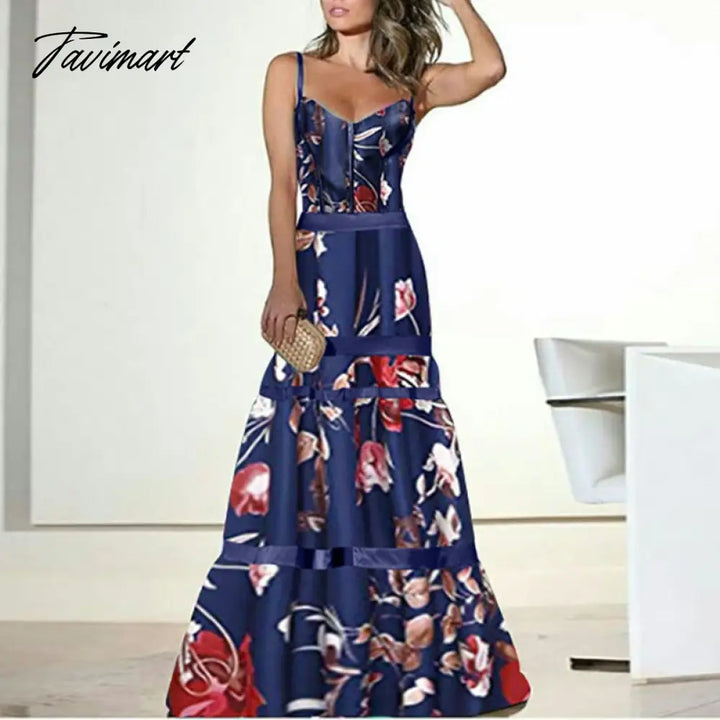 Tavimart Elegant Floral Printed Summer Women Sling Party Dress Vintage Sleeveless Patchwork A -