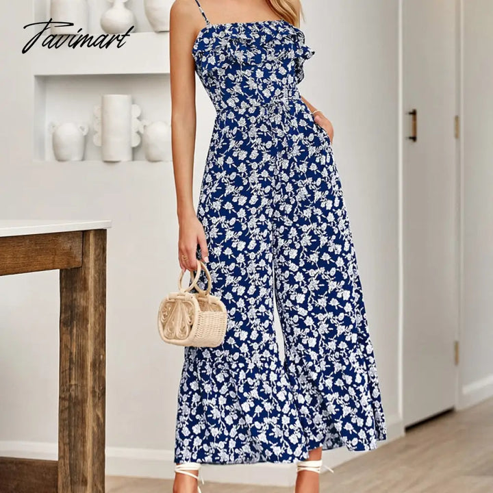 Tavimart Elegant Floral Strap Jumpsuit For Summer Women Rompers New Sexy Sleeveless Ruffle High