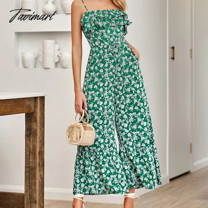 Tavimart Elegant Floral Strap Jumpsuit For Summer Women Rompers New Sexy Sleeveless Ruffle High