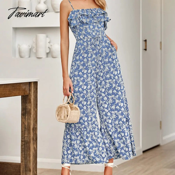 Tavimart Elegant Floral Strap Jumpsuit For Summer Women Rompers New Sexy Sleeveless Ruffle High