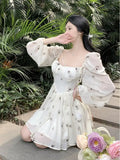 Tavimart Elegant Floral Sweet Dress Women Print Sexy Mini Casual Holiday High Long Sleeve Korean