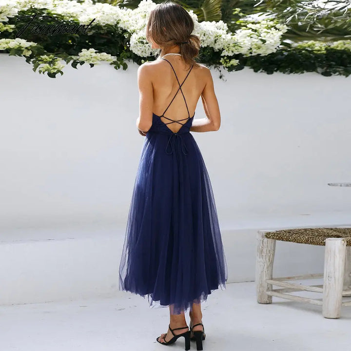 Tavimart Elegant Gazue Dresses For Women Sexy V Neck Backless Solid Women’s Dress A - Line Summer