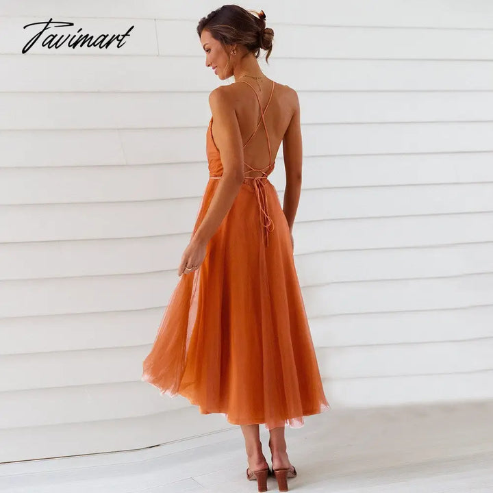 Tavimart Elegant Gazue Dresses For Women Sexy V Neck Backless Solid Women’s Dress A - Line Summer