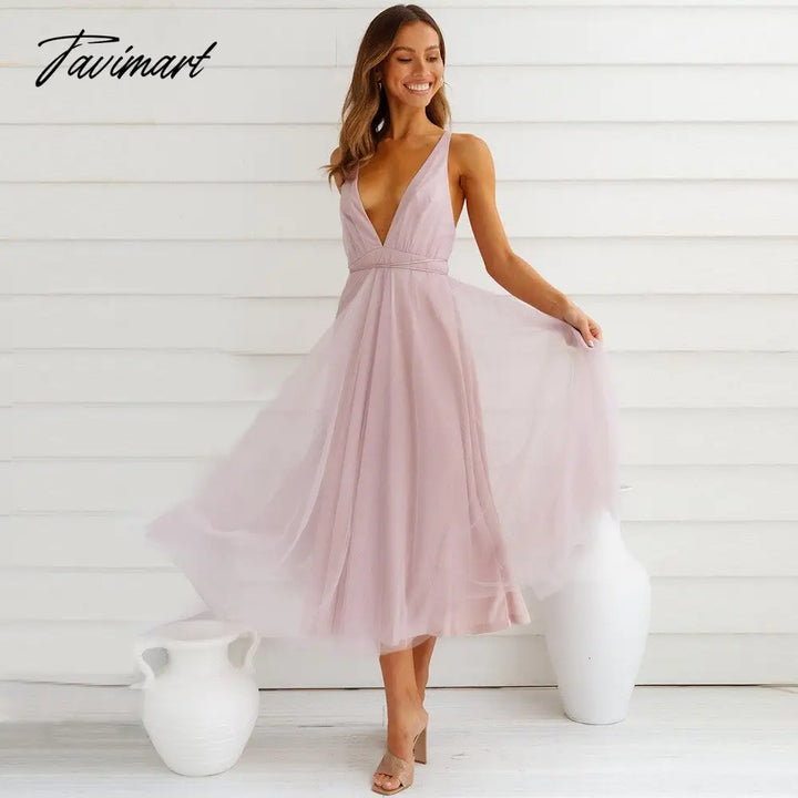 Tavimart Elegant Gazue Dresses For Women Sexy V Neck Backless Solid Women’s Dress A - Line Summer