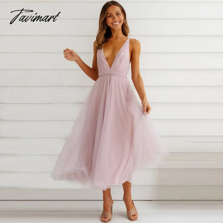 Tavimart Elegant Gazue Dresses For Women Sexy V Neck Backless Solid Women’s Dress A - Line Summer