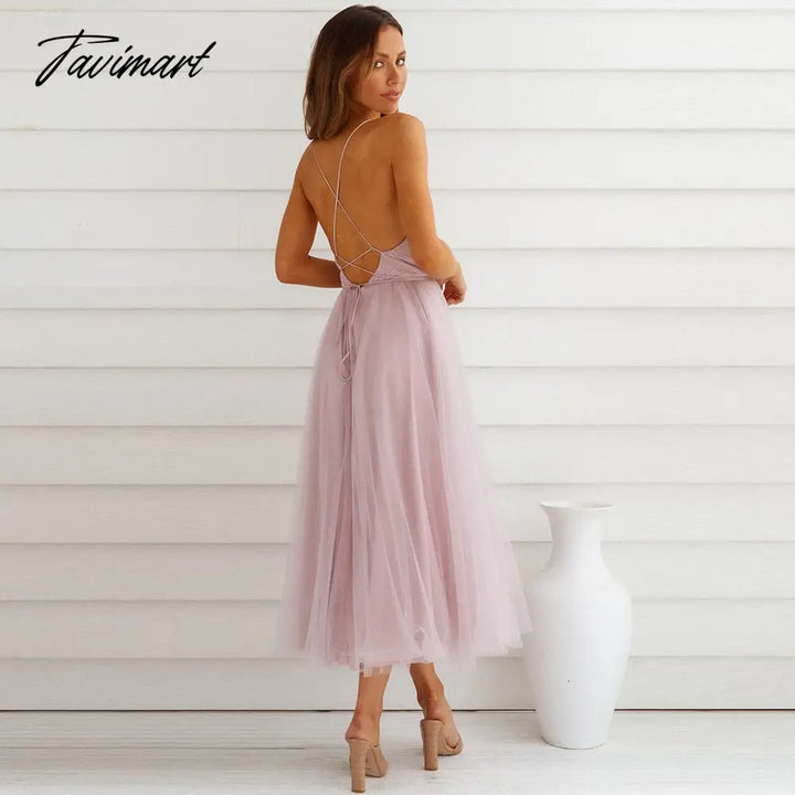 Tavimart Elegant Gazue Dresses For Women Sexy V Neck Backless Solid Women’s Dress A - Line Summer