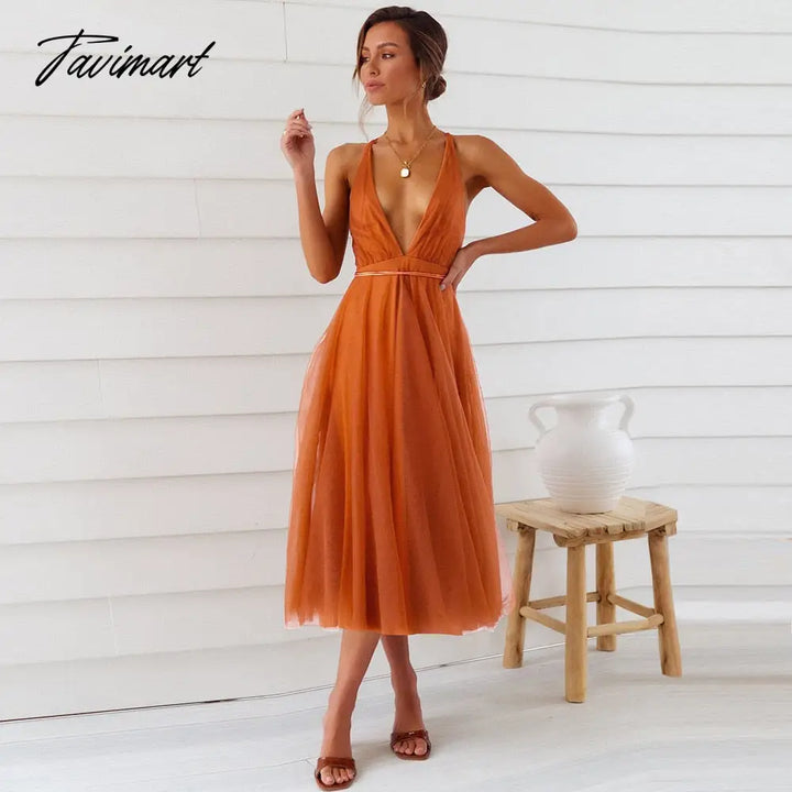 Tavimart Elegant Gazue Dresses For Women Sexy V Neck Backless Solid Women’s Dress A - Line Summer