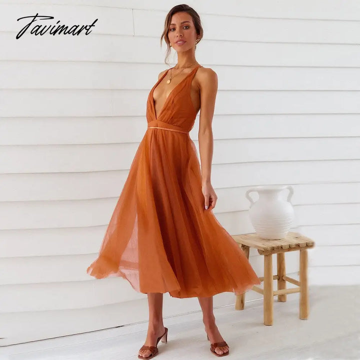 Tavimart Elegant Gazue Dresses For Women Sexy V Neck Backless Solid Women’s Dress A - Line Summer