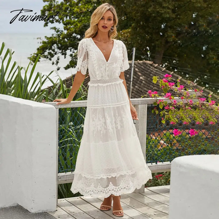 Tavimart Elegant Hollow Long Women Dress Summer Lace White Evening Female V - Neck Short Sleeve