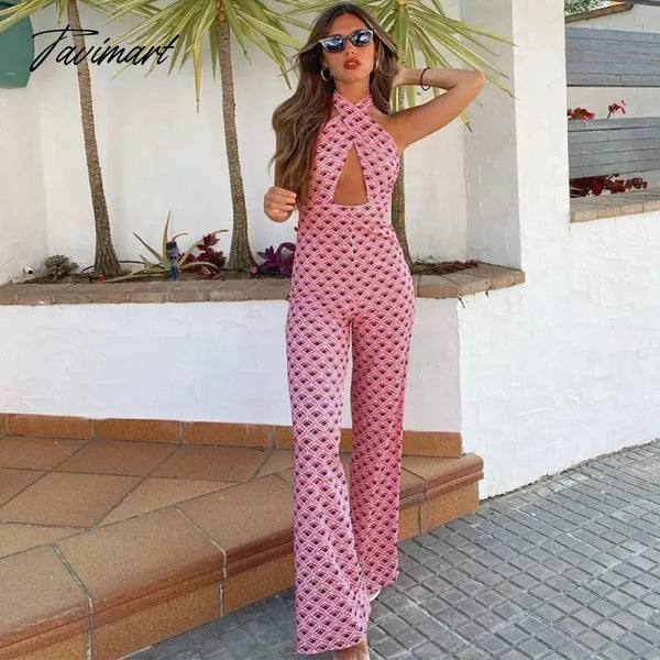 Tavimart - Elegant Hollow Out Floral Print Summer Jumpsuit Women Sexy Backless High Waist Slim