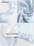 Tavimart Elegant Ice Silk Pajamas Sleepwear Women Nightdress With Chest Pad Floral Printed V - Neck