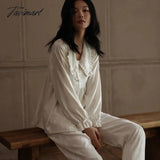 Tavimart Elegant Jacquard Flower Women’s Pajamas Set Satin Two Pieces Loungewear Casual Ruffle