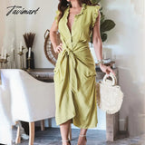 Tavimart Elegant Lady Solid Bodycon Party Dress Office Fashion Lace - Up Ruffle Long Chic Women