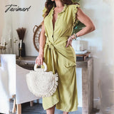 Tavimart Elegant Lady Solid Bodycon Party Dress Office Fashion Lace - Up Ruffle Long Chic Women