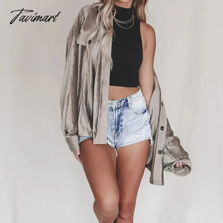 Tavimart Elegant Lapel Solid Jackets Autumn Winter Velvet Single - Breasted Loose Casual Jacket