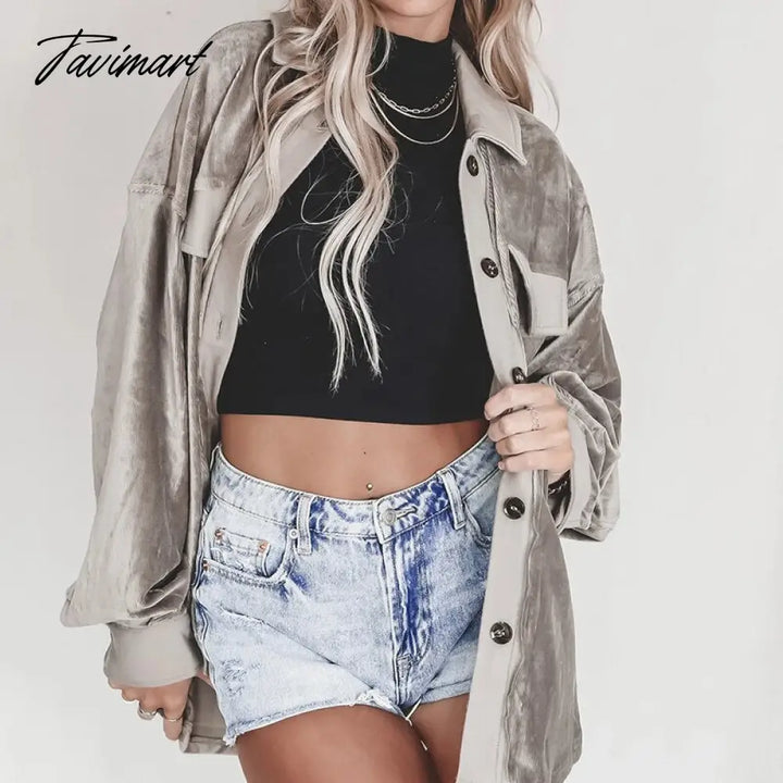 Tavimart Elegant Lapel Solid Jackets Autumn Winter Velvet Single - Breasted Loose Casual Jacket