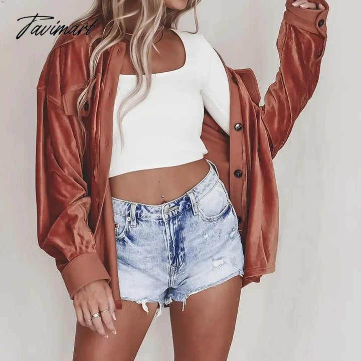 Tavimart Elegant Lapel Solid Jackets Autumn Winter Velvet Single - Breasted Loose Casual Jacket