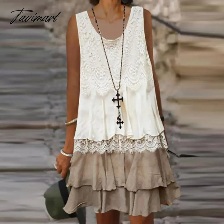 Tavimart Elegant O - Neck Pullover Party Dress Vintage Women Stitch Lace Dresses Casual Loose