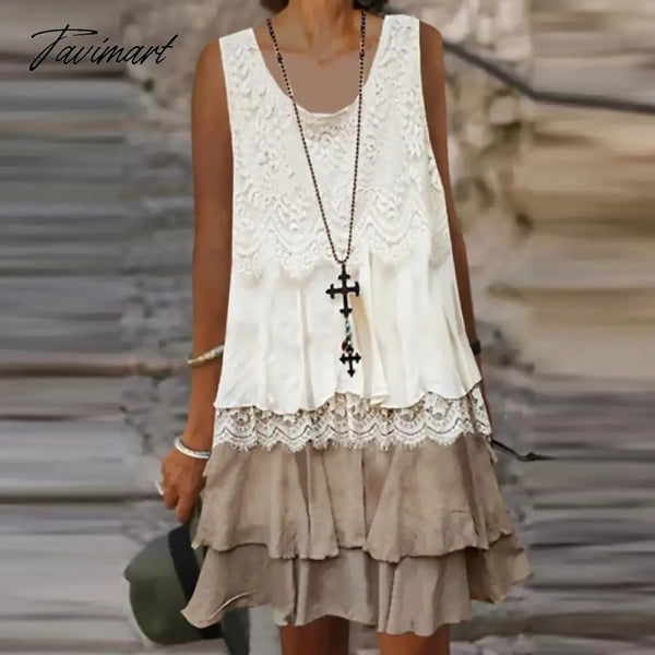 Tavimart Elegant O - Neck Pullover Party Dress Vintage Women Stitch Lace Dresses Casual Loose