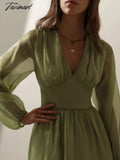 Tavimart Elegant Party Mini Dress Women French Style Retro V - Neck Collect Waist Solid Fashion
