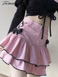 Tavimart Elegant Pink Sweet Skirt Women Summer Patchwork Kawaii Casual Lace Designer Bow High Waist