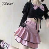 Tavimart Elegant Pink Sweet Skirt Women Summer Patchwork Kawaii Casual Lace Designer Bow High Waist