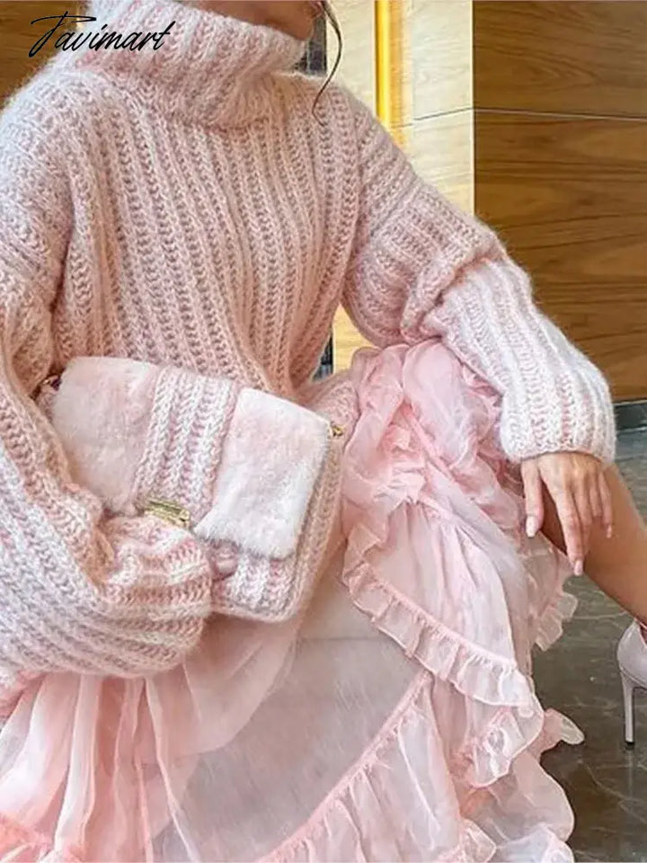 Tavimart Elegant Pink Turtleneck Knit Sweater For Women Loose Lantern Sleeves Pleated Knitwear Tops