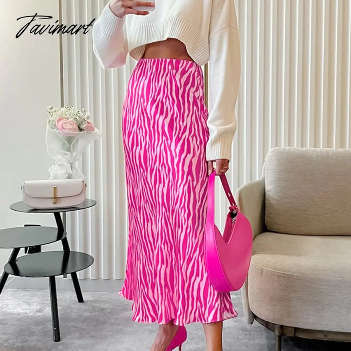 Tavimart Elegant Print Skirt Women Fashion Slim High Waist Skirts Bodycon Classic Midi Streetwear