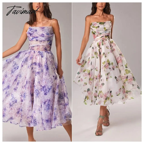 Tavimart Elegant Print Suspender Dress Sexy Women Breast Wrap Sleeveless Big Swing Dresses Female