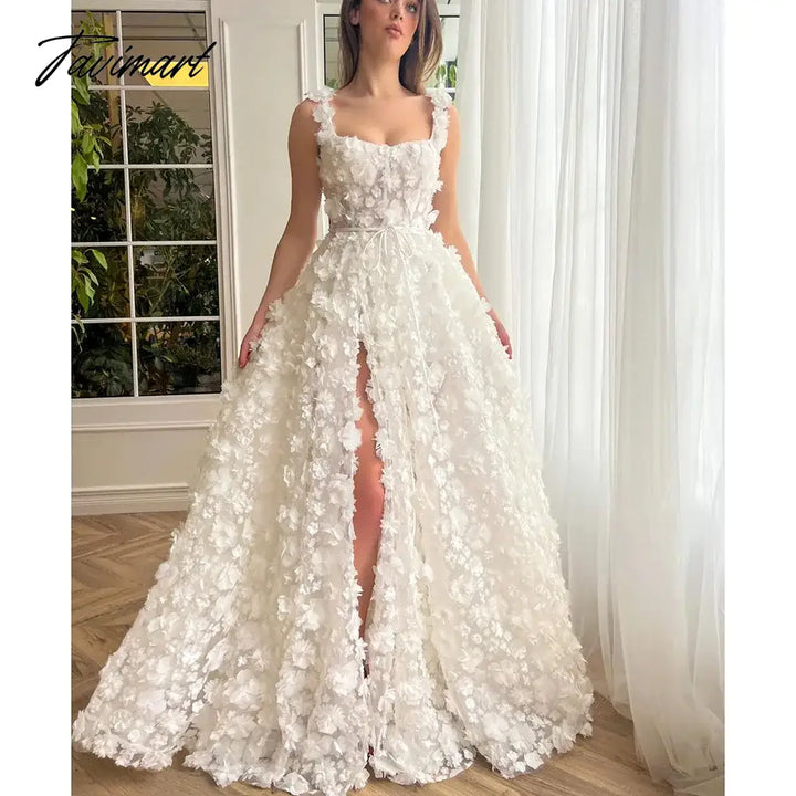 Tavimart - Elegant Prom Dress Exquisite Square Collar 3D Flowers Side Slit Party Gowns Fashion A -