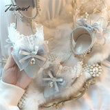 Tavimart Elegant Retro Style Lolita Cosplay Tea Party Girl Shoes Pointed Lace Ruffled Ribbon Bow