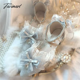 Tavimart Elegant Retro Style Lolita Cosplay Tea Party Girl Shoes Pointed Lace Ruffled Ribbon Bow Flower Pearl Gem 4.5cm High Heeled Shoes