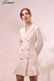 Tavimart Elegant Ruffle Double Breasted Women Dress Office Blazer White Autumn Winter Slim Suit