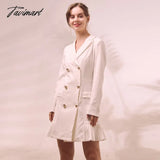 Tavimart Elegant Ruffle Double Breasted Women Dress Office Blazer White Autumn Winter Slim Suit