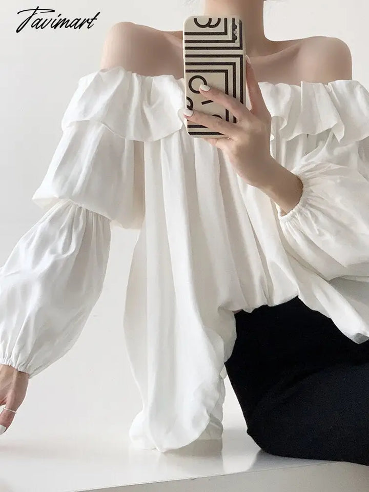 Tavimart Elegant Slash Neck Women Loose Pullovers Blouses Lantern Full Sleeve Female Blose Autumn