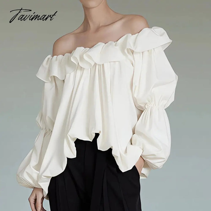 Tavimart Elegant Slash Neck Women Loose Pullovers Blouses Lantern Full Sleeve Female Blose Autumn