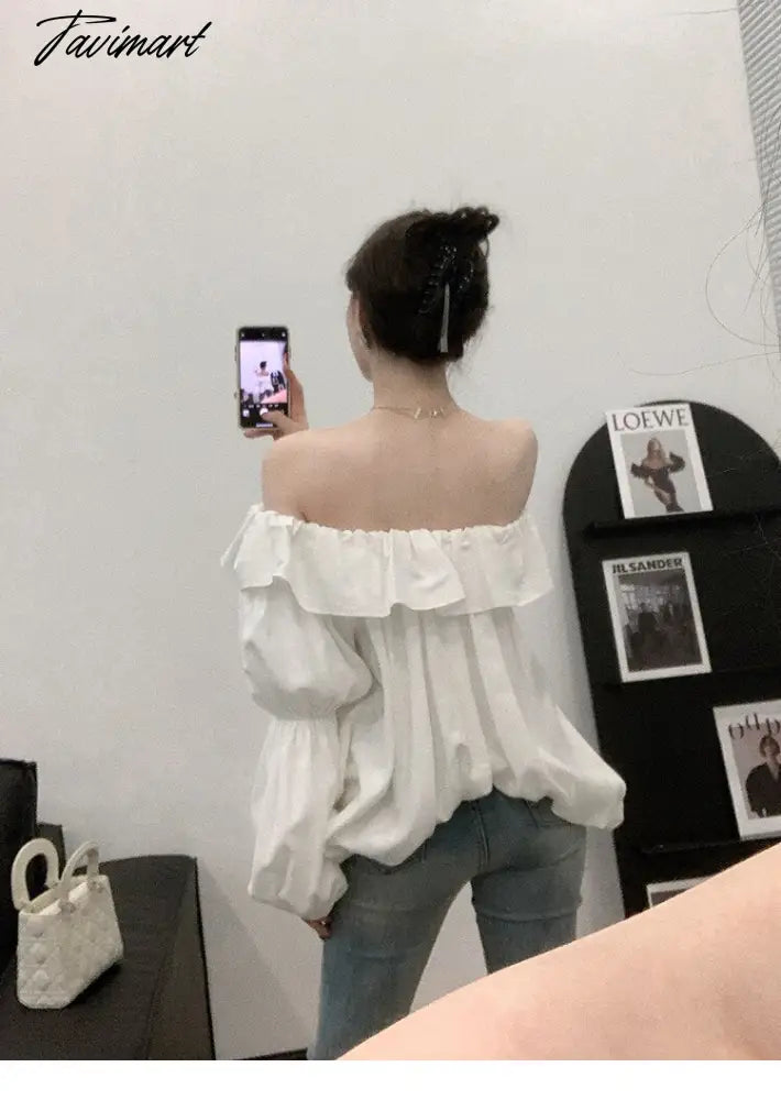 Tavimart Elegant Slash Neck Women Loose Pullovers Blouses Lantern Full Sleeve Female Blose Autumn