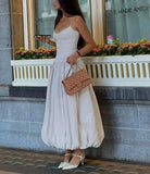 Tavimart Elegant Solid Bubble Dress For Women Artistic V Neck Spaghetti Strap Dresses Summer Chic