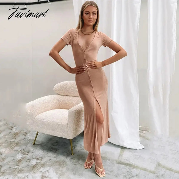 Tavimart Elegant Solid Women Slim Long Dress Sexy V Neck Short Sleeve Slit Bodycon Maxi Fashion