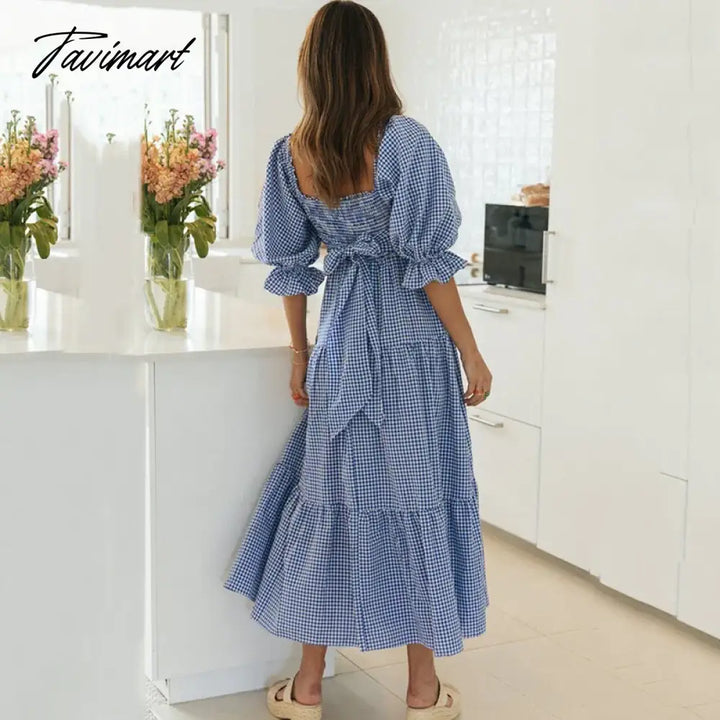 Tavimart Elegant Square Collar Plaid A - Line Summer Spaghetti Midi Dress For Women Short Sleeve