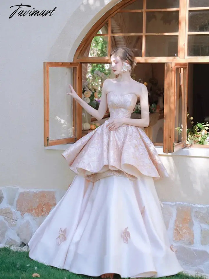 Tavimart - Elegant Strapless Evening Dresses Light Pink Puffy Jacquard Tiered Satin Cake Luxurious