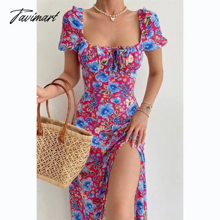 Tavimart Elegant Sweet Floral Print Dress For Women Summer Dresses New Strapless Short Puff Sleeve